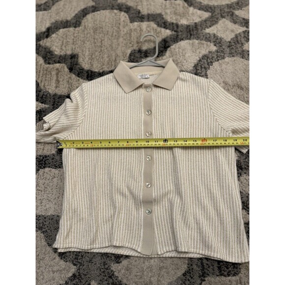 Linea Moda Italy Beige Button Down Knit Shirt M Glitter Thread Short Sleeve - Picture 8 of 10